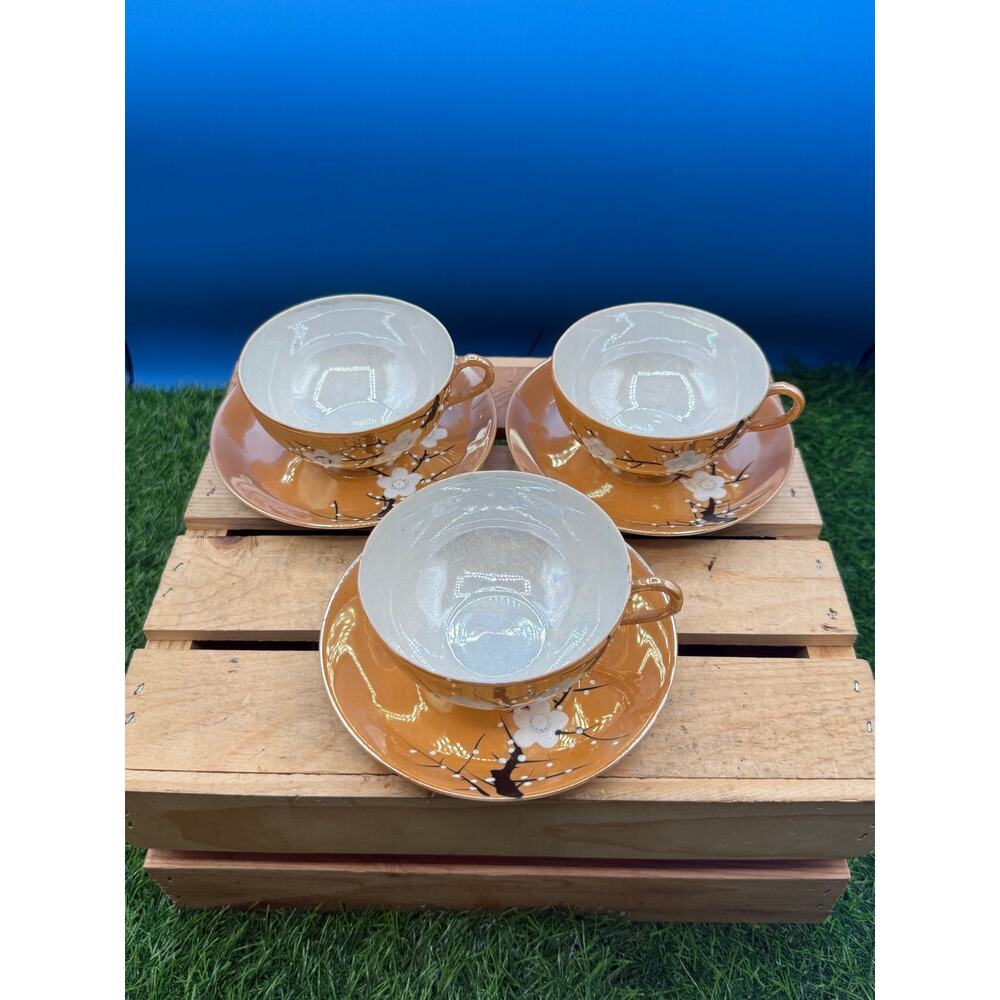 Vintage Japanese Lustreware Cherry Blossom Tea Cups & Saucers - Set of 3 - Picture 2 of 8